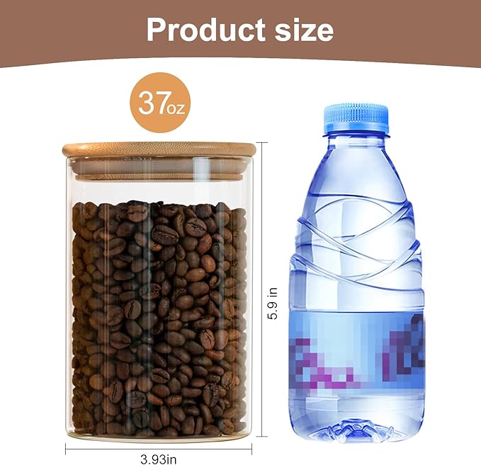 Glass Food Storage Jars 6-Pack 37oz - 4x6 in-Clear Glass Food Canisters with Bamboo Lid Airtight For Serving Tea, Coffee, Flour, Sugar, Candy, Cookie, Spice and More (Circular)-HomvellaHome