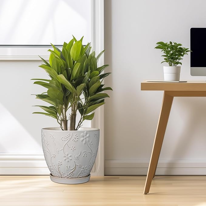 10 Inch Plant Pot Ceramic Planter Pot with Drainage Hole and Saucer Round Planter Large Flower Pot for Indoor Outdoor Plants Home Garden Decor White-HomvellaHome