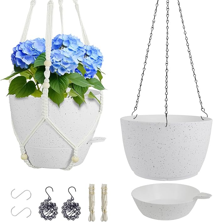 10 inch Self Watering Hanging Planters, 2 Pack Hanging Baskets for Indoor Outdoor Plants, Hanging Flower Pots with Drainage Holes and 2 Kinds of Plant Hangers for Garden Decor, Speckled White-HomvellaHome