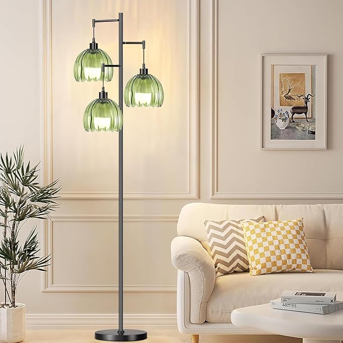 Glass Gold Floor Lamp for Living Room,Bedroom,Mid Century Modern Standing Lamp Brass Tree 3 Light Tall Floor Lamps Vintage Retro Floor Lights Green Flower Lamp Shade Farmhouse Boho Bohemian-HomvellaHome