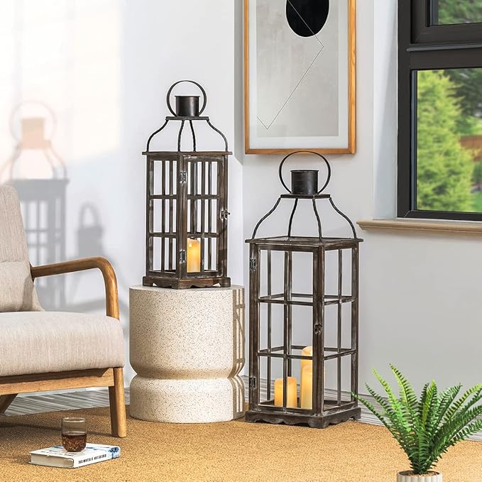 Glitzhome Farmhouse Oversized Wood Metal Lanterns Decorative Hanging Candle Lanterns Set of 2, Black (No Glass)-HomvellaHome