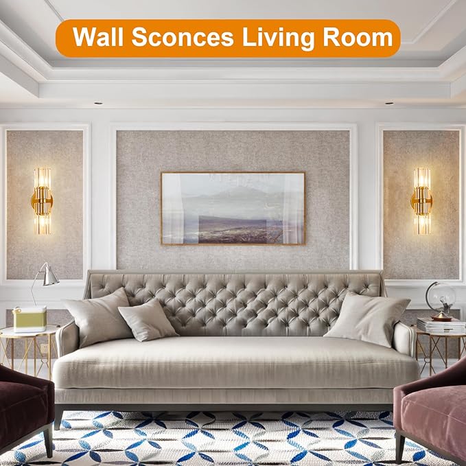Gold Crystal Wall Sconces Set of Two, Wall Sconce Set of 2, Brass Sconces Wall Lighting with K9 Crystal Lampshade, Wall Lights for Bedroom Living Room Bathroom Hallway-HomvellaHome