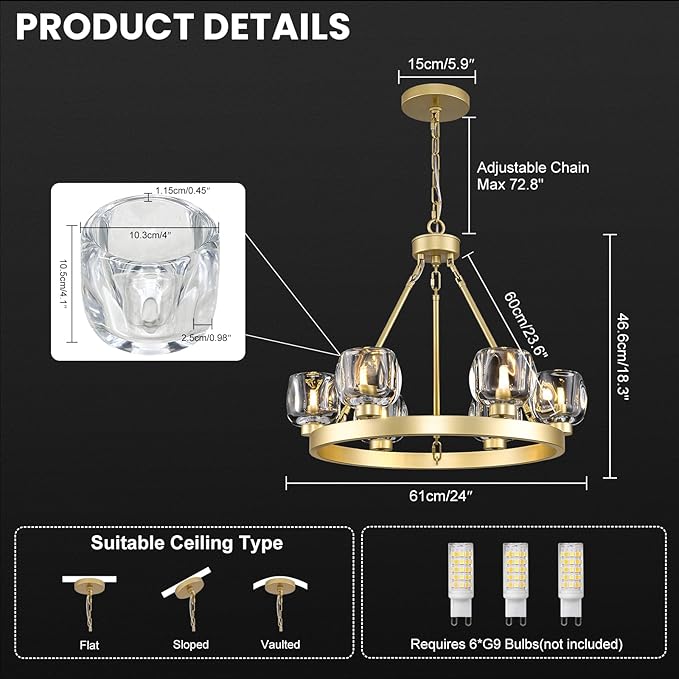 Gold Wagon Wheel Chandelier, 24 Inch Brass Chandeliers with Unique Glass Shade, 6-Light Crystal Farmhouse Wagon Wheel Chandeliers for Dining Room, Round Chandelier for Living Room, Foyer, Entryway-HomvellaHome