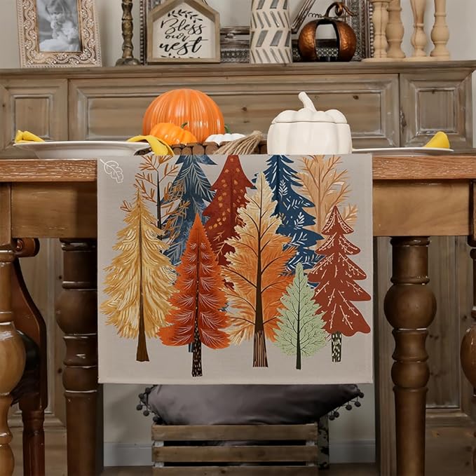 GEEORY Fall Watercolor Trees & Maple Leaves Table Runner 13x72 Inch, Rustic Farmhouse Autumn Thanksgiving Decor for Kitchen, Dining, Indoor/Outdoor Holiday Dinner Party Orange Grey GT159-72-HomvellaHome