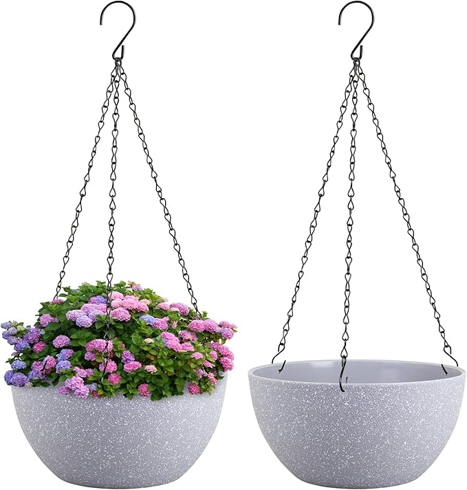 10 inch Hanging Planters for Indoor Outdoor Plants, 2 Pack Hanging Flower Pots with Drainage Holes and Chain for Garden Porch, Plastic Hanging Baskets for House Plants, Speckled Grey-HomvellaHome