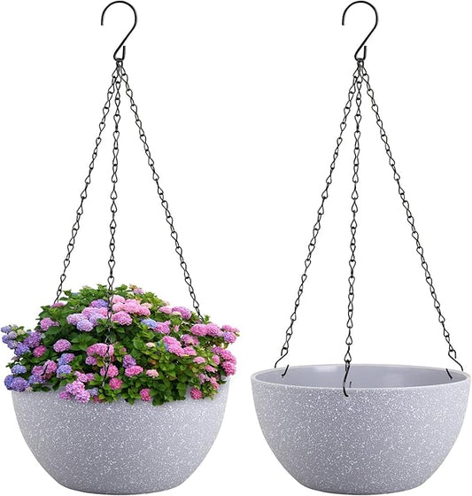 10 inch Hanging Planters for Indoor Outdoor Plants, 2 Pack Hanging Flower Pots with Drainage Holes and Chain for Garden Porch, Plastic Hanging Baskets for House Plants, Speckled Grey-HomvellaHome
