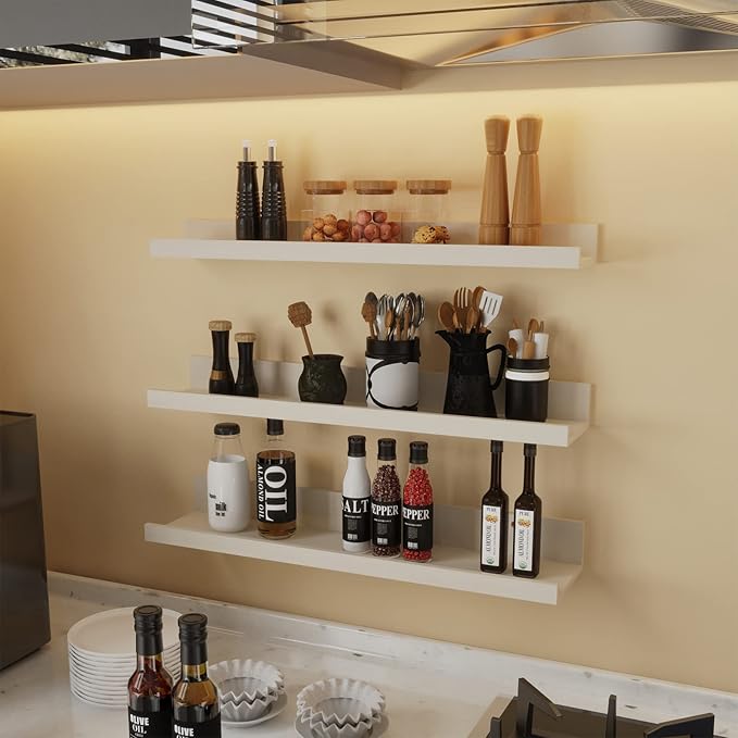 Giftgarden 24 Inch Floating Shelves for Wall, Creamy White Beige Wood-Grain Wooden Shelf Ledge for Bathroom Kitchen Living Room Nursery Bedroom Picture, Set of 3 Different Sizes-HomvellaHome