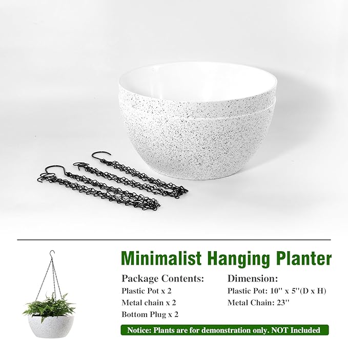10 inch Hanging Planters for Outdoor Indoor Plants with Drainage Holes and Chain, 2 Pack Round Hanging Flower Plant Pots for Garden Home Porch Decor, Speckled White-HomvellaHome