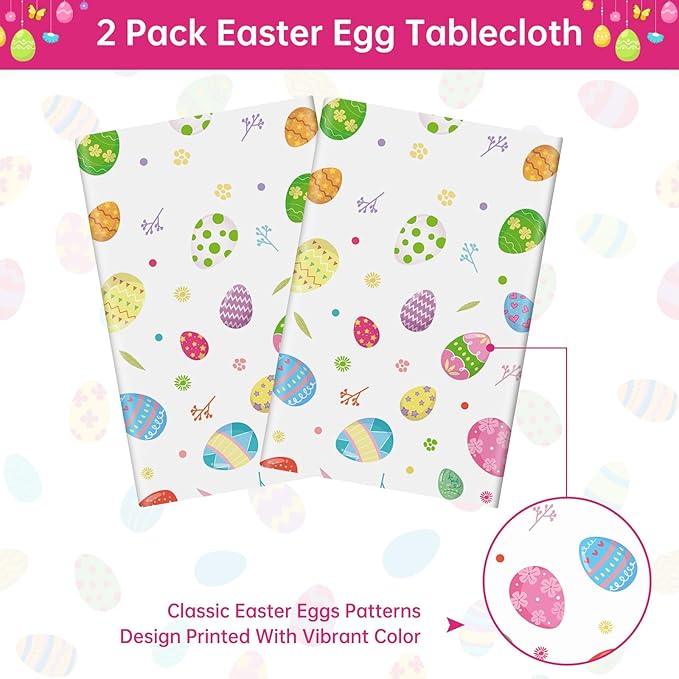 2 Pack Easter Tablecloth - Colorful Easter Eggs Table Cloth, Plastic Disposable Rectangle Spring Easters Egg Table Cover for Easters Tables Decorations and Party Supplies Decor Favors, 108 x 54 Inch-HomvellaHome