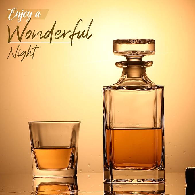 Glass Decanter with Airtight Geometric Stopper - Whiskey Decanter for Wine, Bourbon, Brandy, Liquor, Juice, Water, Mouthwash. Italian Lead-Free Glass (25.97 oz/768ml)-HomvellaHome