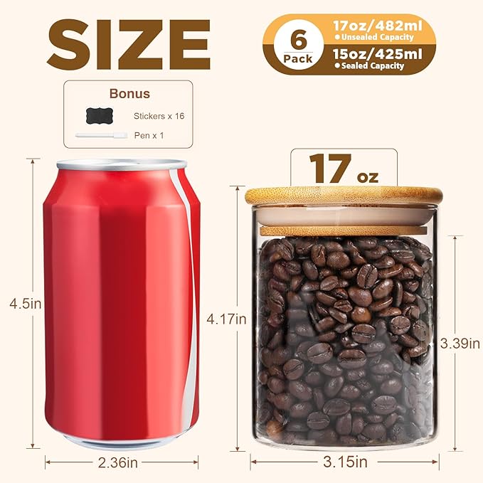 17oz Glass Food Storage Jars, Glass Jars with Bamboo Lids, Kitchen Storage Jars, Set of 12, Canisters with Airtight Lids for Spice, Coffee, Cookie, Pantry Organizers-HomvellaHome