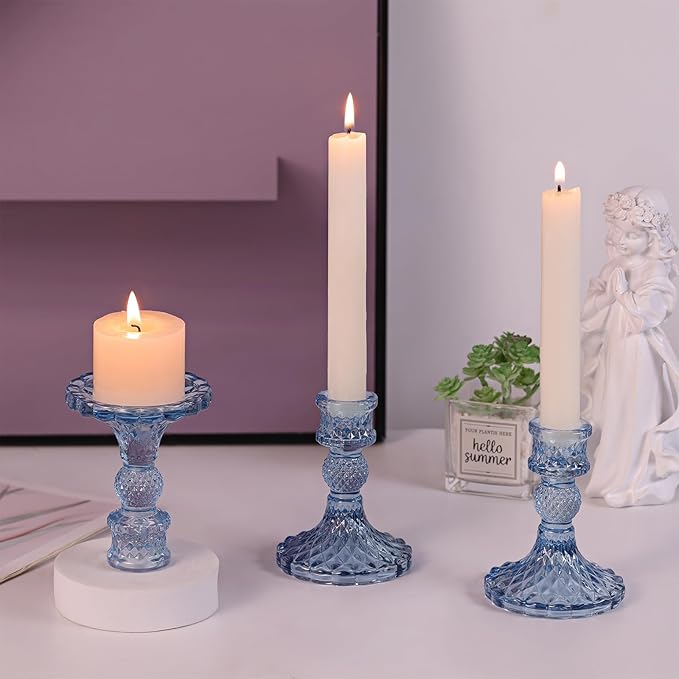12Pcs 4" H Aqua Blue Candlestick Holders Set- Taper Candle Holders Bulk, Glass Candle Holders for Wedding, Party, Romantic Dinner Table Centerpieces, Festival Gifts & Windowsill Decor-HomvellaHome