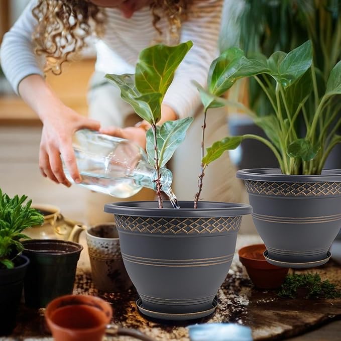 10 Inch 4 Pack Large Plant Pots, Plastic Flower Pot for Indoor & Outdoor with Drainage Holes & Saucer, Plaid Pattern Planters Garden Pots for Herbs-HomvellaHome