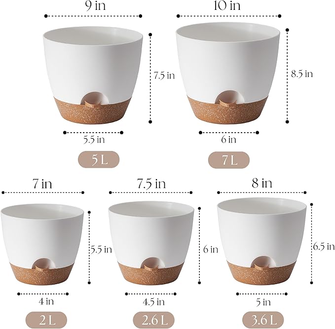 Giraffe Creation Plant Pots Set of 5 (10/9/8/7.5/7 inch), Self-Watering Indoor & Outdoor Flower Planters with Drainage Hole and Reservoir, White-HomvellaHome