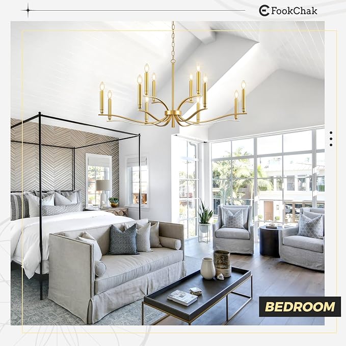 12 Light Gold Living Room Chandelier High Ceiling Foyer Candle Chandelier Large Modern Brass 44in Metal Chandeliers Hanging Light for Master Bedroom Dining Room Light Fixture Over Table-HomvellaHome