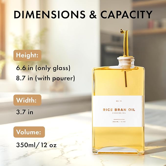 Glass Olive Oil Dispenser Bottle Set [2x12oz]: 36 Premium Gold Labels, Oil Dispenser for kitchen, Vinegar Bottle Set, Glass Dispensers for Soy Sauce, Syrup Bottles | Set of 2-HomvellaHome