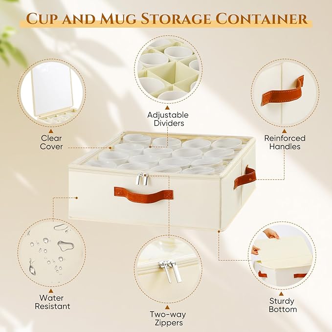 2 Pack Cup and Mug Storage Box with Dividers and Hard Shell, Stackable Coffee Cup Storage Organizer with Lid, Zipper, and Handles for Coffee Mugs, Cups, Glasses, Stemware Storage Containers for Moving-HomvellaHome