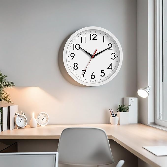 12 Inch Wall Clock Battery Operated Silent Non Ticking Analog Modern Decorative for Office Kitchen Outdoor Living Room Classroom Bedroom Bathroom School(White)-HomvellaHome