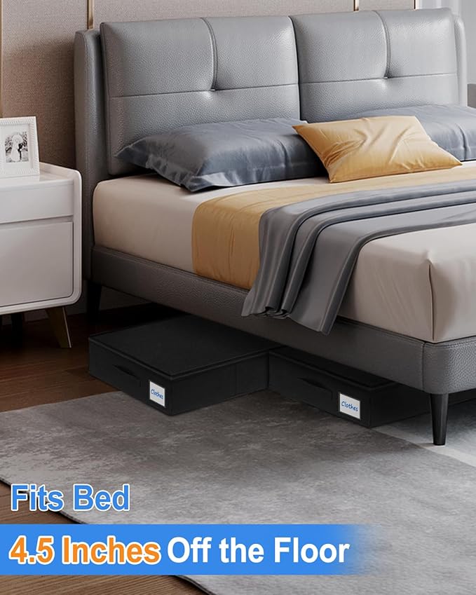 Under Bed Storage Containers, Low Profile Underbed Storage Bin 4.5 Inches Tall Clothes Storage Organizer With Rigid Side & Bottom, Shallow Thin Under Couch Dresser Storage Dorm With Lid - 2Pcs Black-HomvellaHome