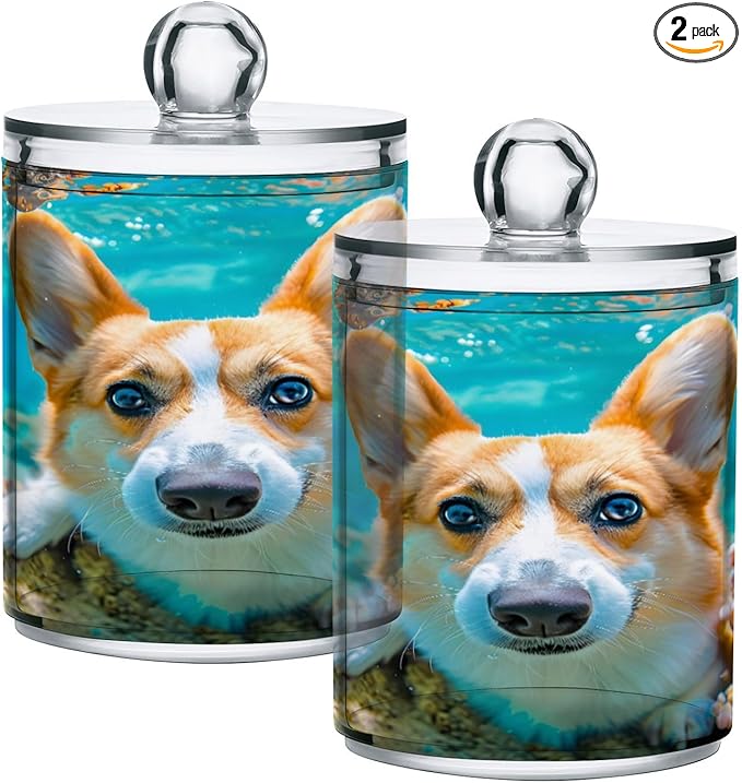 2 Pack Qtip Holder Organizer Dispenser Corgi Dog Underwater Bathroom Storage Canister Cotton Ball Holder Container for Cotton Pads/Swabs/Floss-HomvellaHome