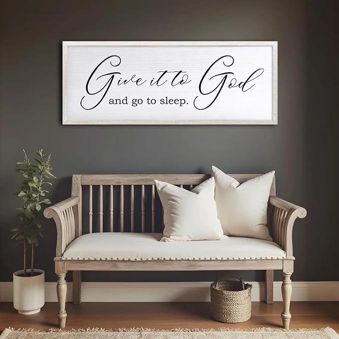 Give It To God And Go To Sleep Sign Wall Decor 40x15 Inch Large Farmhouse Master Bedroom Above Bed Hanging Wall Art Rustic Guest Room Wood Framed Over Bed Wall Decoration (White)-HomvellaHome