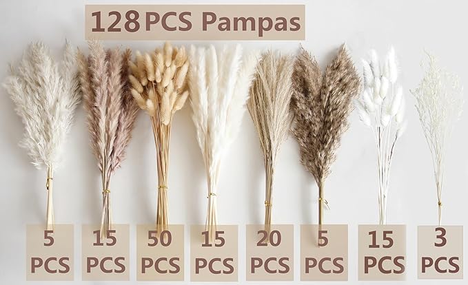 128 PCS Dried Pampas Grass Bouquet, Boho Table Decor, Bunny Tails Dried Flowers, Brown Pampas, White Pampas Grass for Weddings, Home Decor, Rustic Parties, and Baby Shower Decorations-HomvellaHome