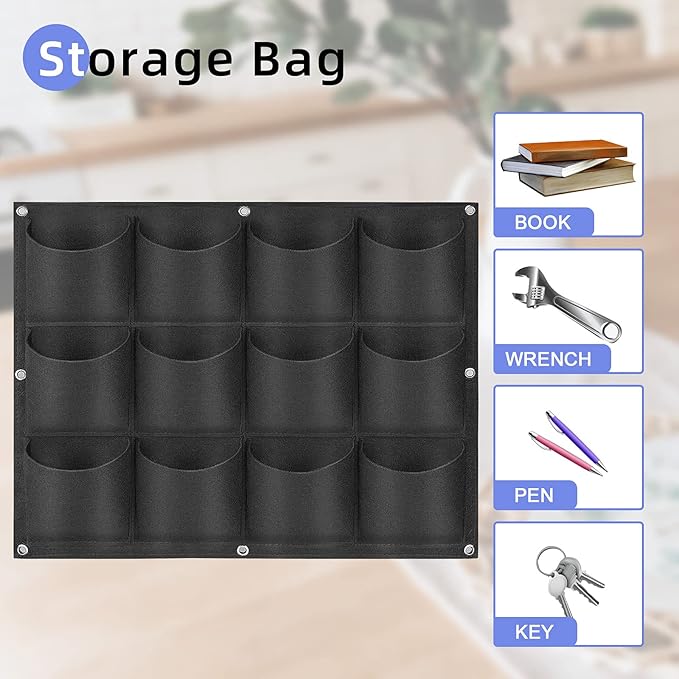12 Pockets Hanging Planter Bags, Hanging Vertical Wall Mounted Plant Planting Grow Bags, Herb Garden Planter Outdoor Indoor Growing Bag, Gardening Vertical Greening Flower Container(0.6m×0.8m, Black)-HomvellaHome