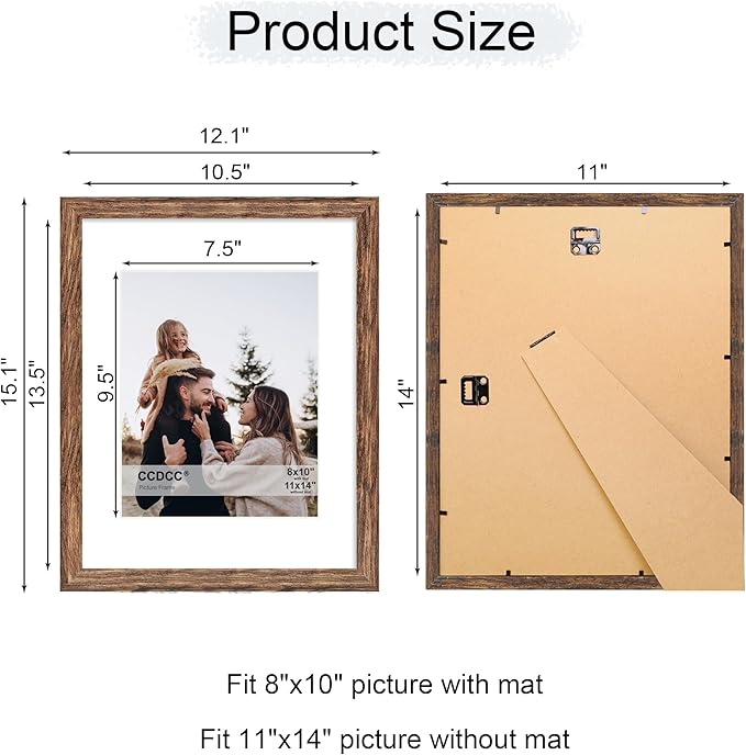 11x14 Picture Frame Set of 4, 11 x 14 Wood Photo Frames with Mat for 8x10, Natural Wooden Frame with Real Glass Cover for Wall and Tabletop Display,Rustic Brown-HomvellaHome