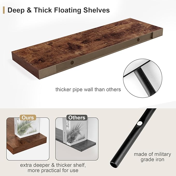 12" Deep Rustic Brown Floating Shelves,Over Toilet Long Wall Mounted Modern Farmhouse 36 inches,Wall Shelves with Invisible Brackets for Bedroom, Bathroom, Living Room, Kitchen, Set of 1-HomvellaHome