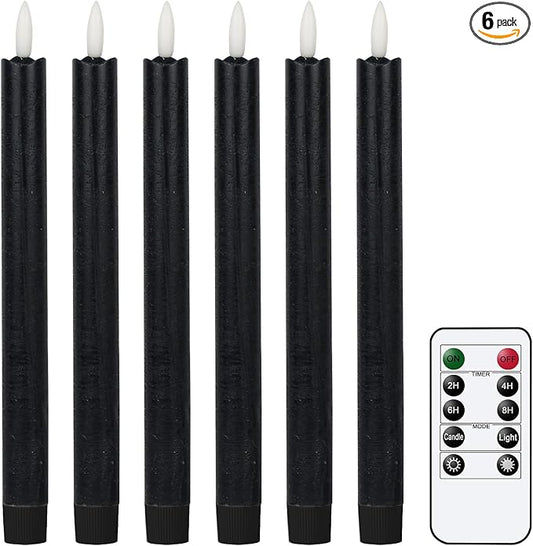 GenSwin Flameless Black Taper Candles Flickering with 10-Key Remote, Battery Operated Led Warm 3D Wick Light Window Candles Real Wax Pack of 6, Christmas Home Wedding Decor(0.78 X 9.64 Inch)-HomvellaHome