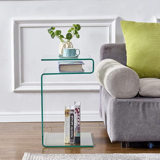 Glass Nightstand,Side Table,S-Shaped End Table for Living Room,Bedside Table for Bedroom (Clear)-HomvellaHome