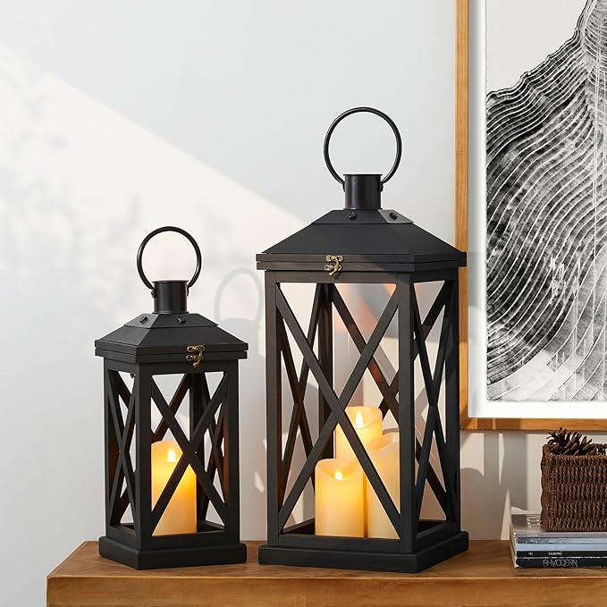 Glitzhome Modern Farmhouse Wooden Lantern Hanging Decorative Candle Lantern for Outdoor & Indoor Black Set of 2 (No Glass)-HomvellaHome