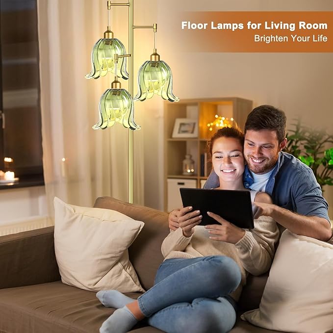 Gold Floor Lamp for Living Room,Bedroom,Tree 3 Light Standing Lamp Mid Century Modern Brass Tall Floor Lamps Vintage Retro Floor Lights Green Glass Flower Lamp Shade Farmhouse Boho Bohemian-HomvellaHome