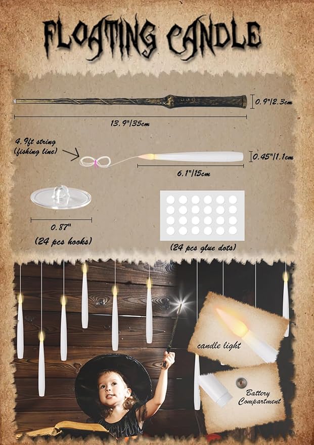 GenSwin 22pcs Flameless Floating Candle with Magic Wand Remote Timer, Battery Operated Hanging Window Candles Flickering, 6.1" LED Electric Candles for Christmas Halloween Decorations(White)-HomvellaHome