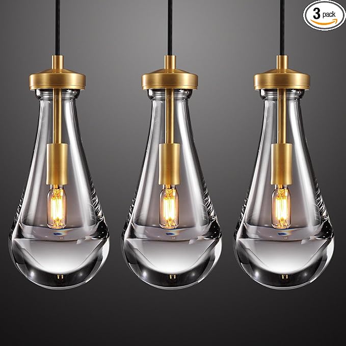 Raindrop Pendant Lights Set of 3, Pendant Lights Kitchen Island 3 Pack, Teardrop Glass Pendant Lights for Bedroom Bathroom, Island Lights, Chandelier for Living Room Hallway, Bulb Included-HomvellaHome
