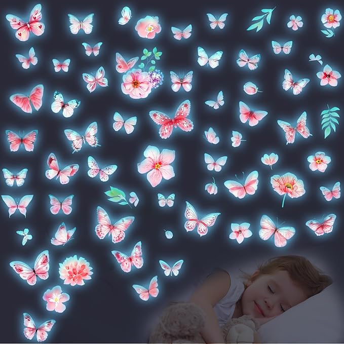 Glow in The Dark Butterfly Flower Wall Decals Glowing Luminous Butterflies Removable Self-Adhesive Wall Stickers for Girls Bedroom Nursery Living Room Decor 4 Sheets (Butterfly 2)-HomvellaHome