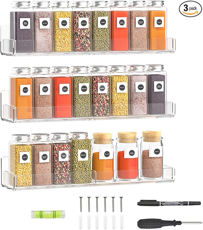 15 Inch Acrylic Spice Rack Wall Organizer Set of 3, Clear Acrylic Wall Shelf for Home Organizer, Floating Shelf for Bottle Display, Jars, Spice, Wine, Books, Toiletries-HomvellaHome
