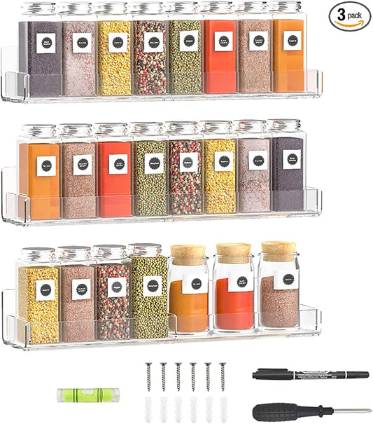 15 Inch Acrylic Spice Rack Wall Organizer Set of 3, Clear Acrylic Wall Shelf for Home Organizer, Floating Shelf for Bottle Display, Jars, Spice, Wine, Books, Toiletries-HomvellaHome
