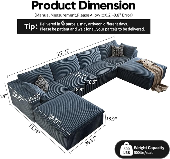 157.5" Cloud Couch Oversized Modular Sectional Sofa for Living Room,Modern Sofa with Deep Seat，U-Shape Boneless Couch with 2 Ottoman,Comfy Upholstered Couches for Apartment, Studio, Office,Blue-HomvellaHome