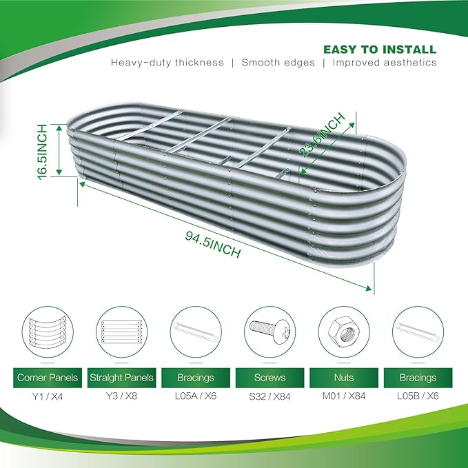 Gardmax Galvanized Raised Garden Bed, Lightweight Planter Boxes Outdoor with Easy Assembly, Large Garden Bed for Vegetables, Fruits, Flower Silver 8FT-HomvellaHome