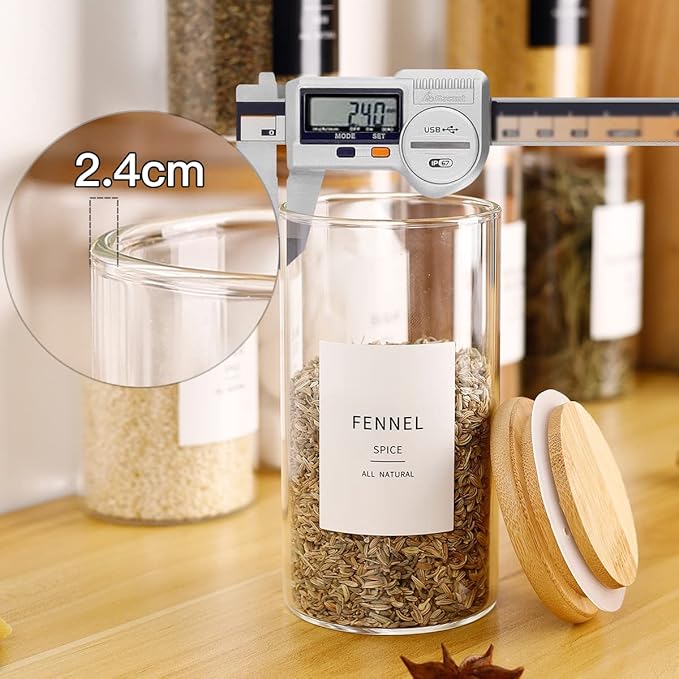 12 Pcs Glass Spice Jars With 296 Spice Labels Preprinted of White and Black Color- 10oz Thicken(2.4mm) Spice Containers With Bamboo Airtight Lids - Empty Small Herb Seasoning Jars-HomvellaHome