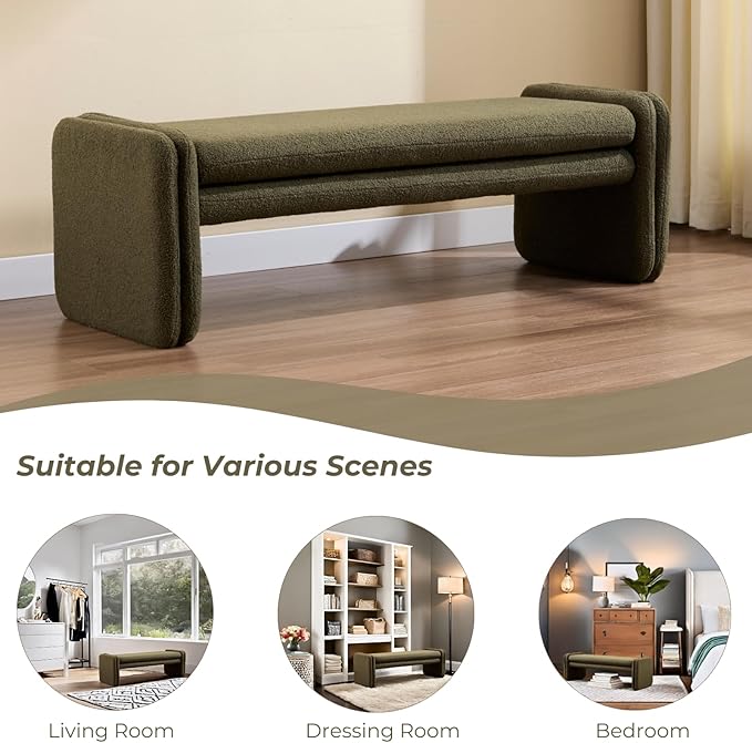 Green Boucle Bench 50" Sherpa End of Bed Bench Modern Upholstered Bench for Bedroom Entryway Living Room Vanity Makeup Room, Teddy Fabric Bench with Seating-HomvellaHome