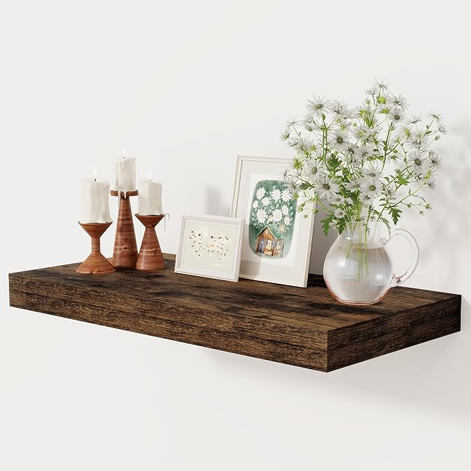 12 Inch Deep Floating Shelves, 24 x 12 Floating Shelf for Books, Rustic Wood Deep Wall Shelves for Home Storage & Display, 2" Thicked Shelves for Kitchen, Living Room, Bedroom, Rustic Brown, 1 Pack-HomvellaHome