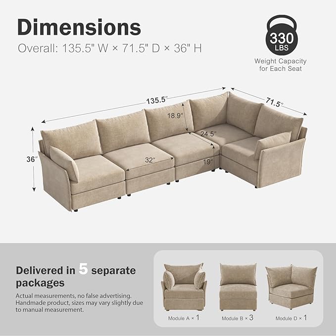 135.5" Oversized Modular Sectional Sofa, L Shaped Convertible Couch with Movable Ottoman, 5 Seat Corner Couches for Living Room Deep Seat Beige Chenille-HomvellaHome