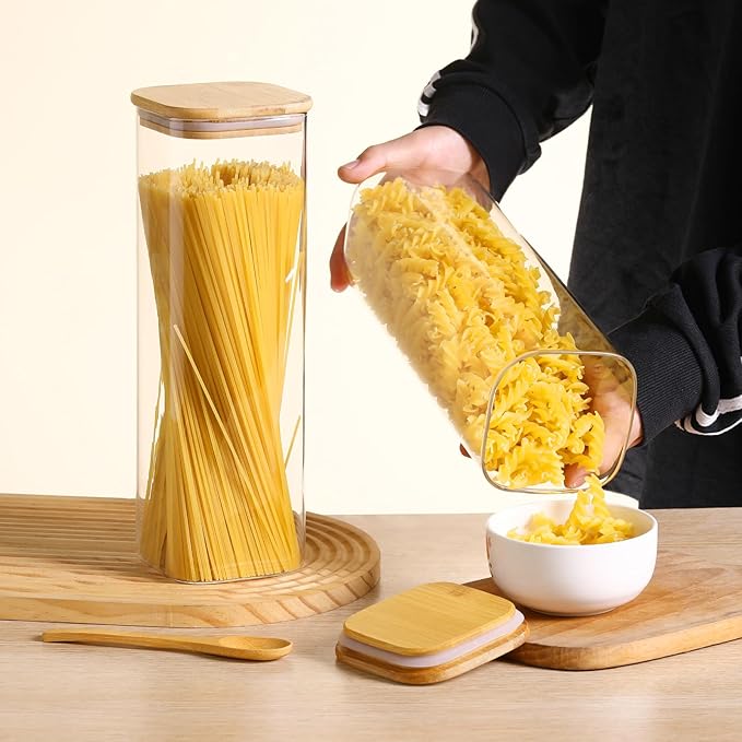 Glass Food Storage Jars with Lids(76oz)Square Set of 3 ,Glass Storage Containers Clear Glass Food Canister with Bamboo Lid Airtight For Serving Tea, Coffee Beans, Flour,Cookie, Cereal,Spice and More-HomvellaHome