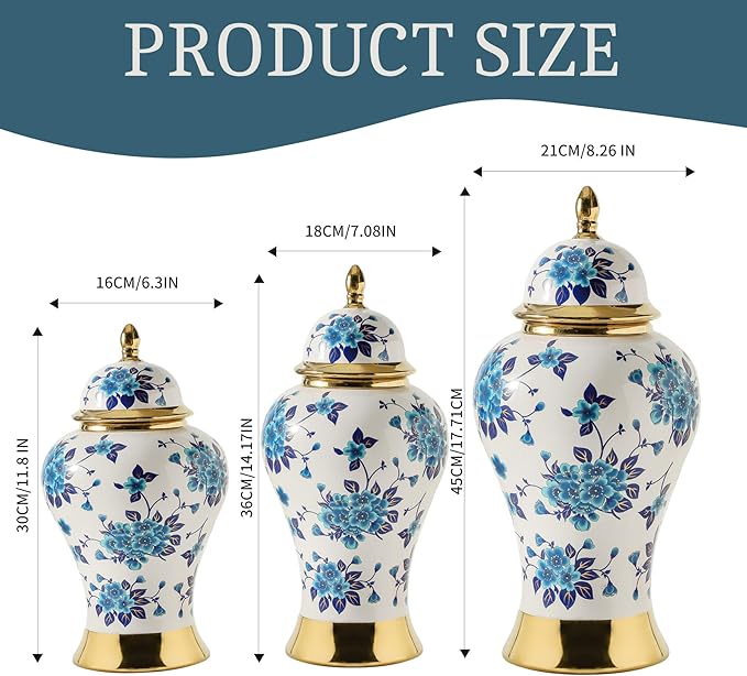 Ginger Jars for Home Decor, White and Gold Vase, Porcelain Ginger Jar Chinoiserie Blue and White Vase with Gold Trim and Floral Pattern, Ceramic Flower Vase for Home, Temple and Storage Jars(18in)-HomvellaHome