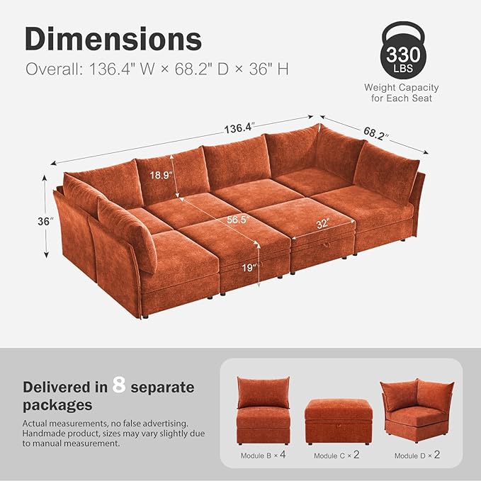136.4" Oversized Modular Sectional Sleeper Sofa Bed, U Shaped Convertible Couch with Movable Ottoman, Large 8 Seat Corner Couches for Living Room Deep Seat Terracotta Orange Chenille-HomvellaHome