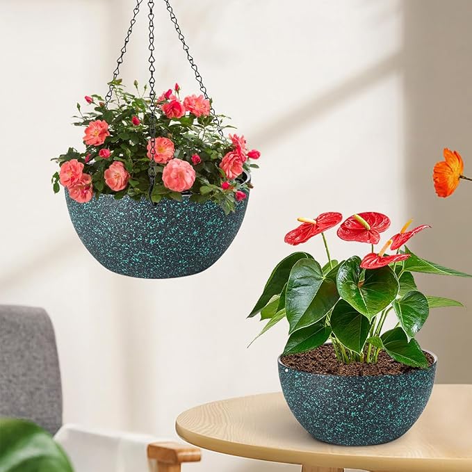 12 inch Hanging Planters for Indoor Plants, 2 Pack Planters for Outdoor Plants with Drainage Holes and Chain, Round Plastic Hanging Baskets, Hanging Flower Pots for Balcony Garden Decor-Black Speckle-HomvellaHome