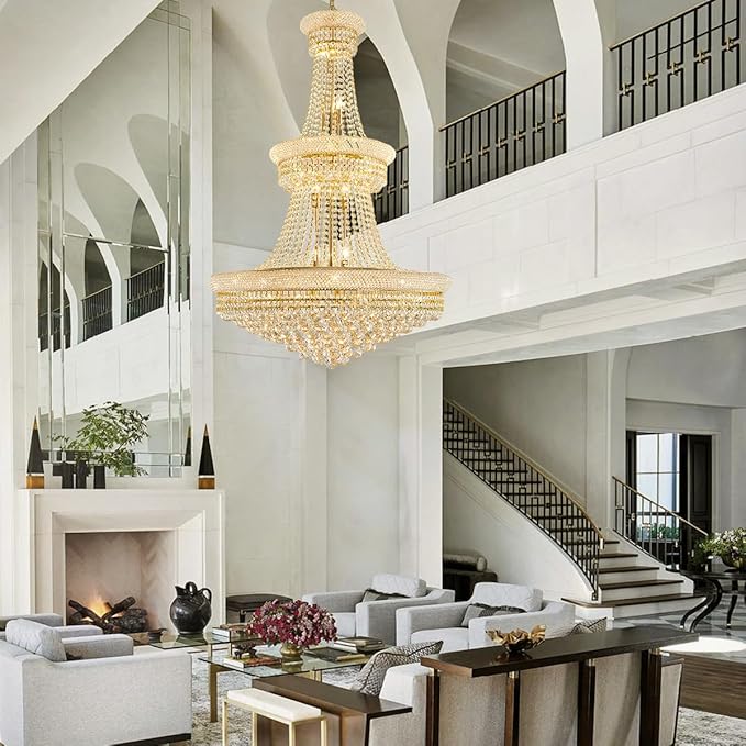 19-Lights High Ceiling Chandelier Modern Gold Crystal Chandeliers Large Foyer Chandelier Fixtures for Staircase Living Room Hallway Entryway (H47 x W31.5)-HomvellaHome