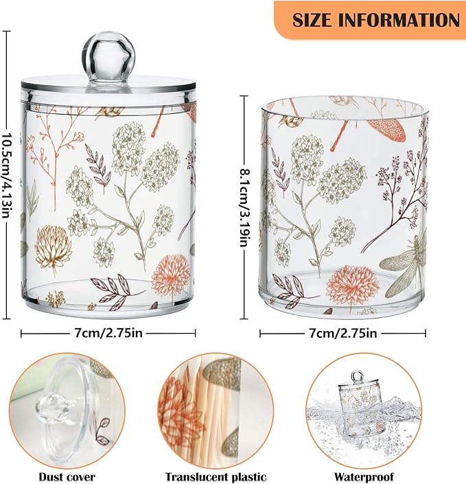2 Pack Qtip Holder Organizer Dispenser Dragonfly Pattern Bathroom Storage Canister Cotton Ball Holder Container for Cotton Swabs/Pads/Floss-HomvellaHome